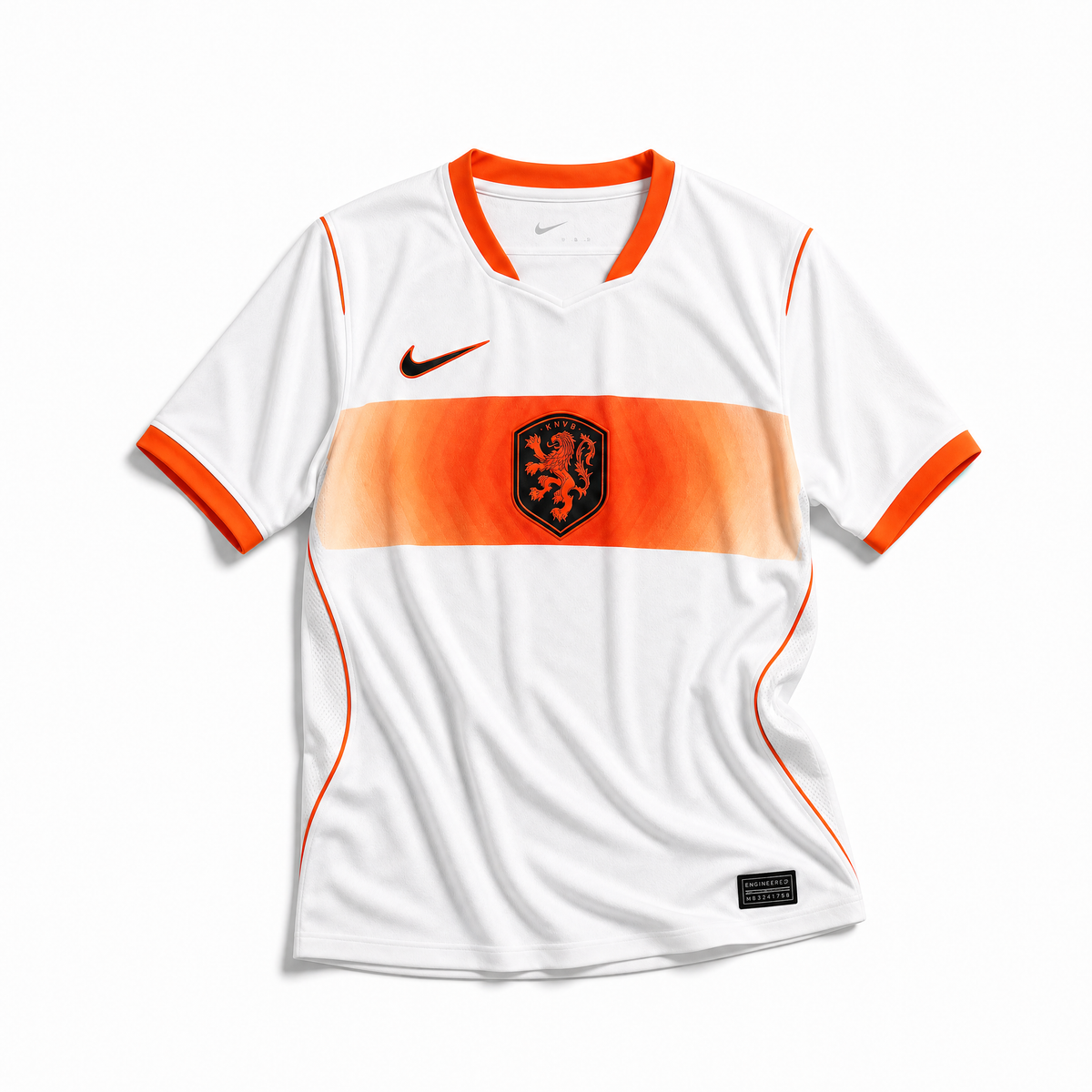 Fronte della maglia away dell'Olanda 2026 chiara con fascia orizzontale arancione sul petto e stemma del leone