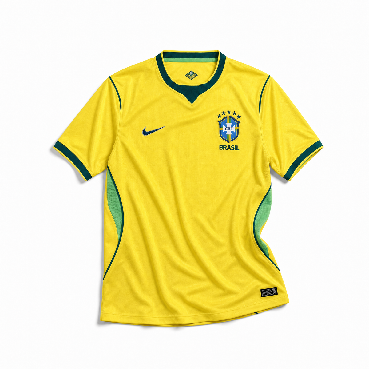 Fronte della maglia home del Brasile 2026 giallo oro con dettagli verdi e stemma stellato sul petto