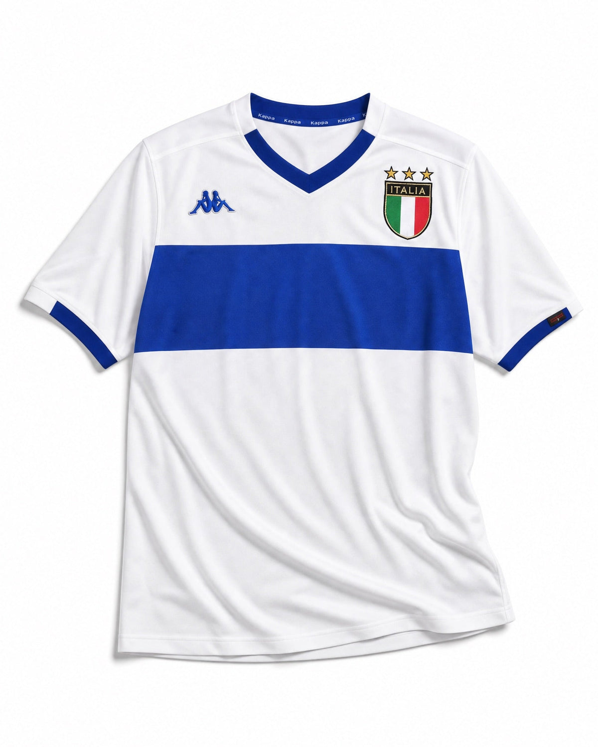 Fronte maglia away Italia 1999/00 con stemma FIGC e dettagli blu sul colletto.