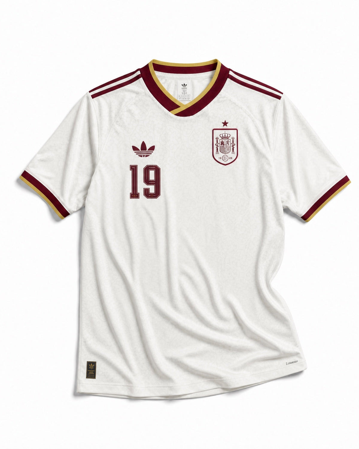 Maglia Lamine Yamal Spagna Away 2026 World Cup Winner vista frontale con design bianco e dettagli rossi, gialli e blu.