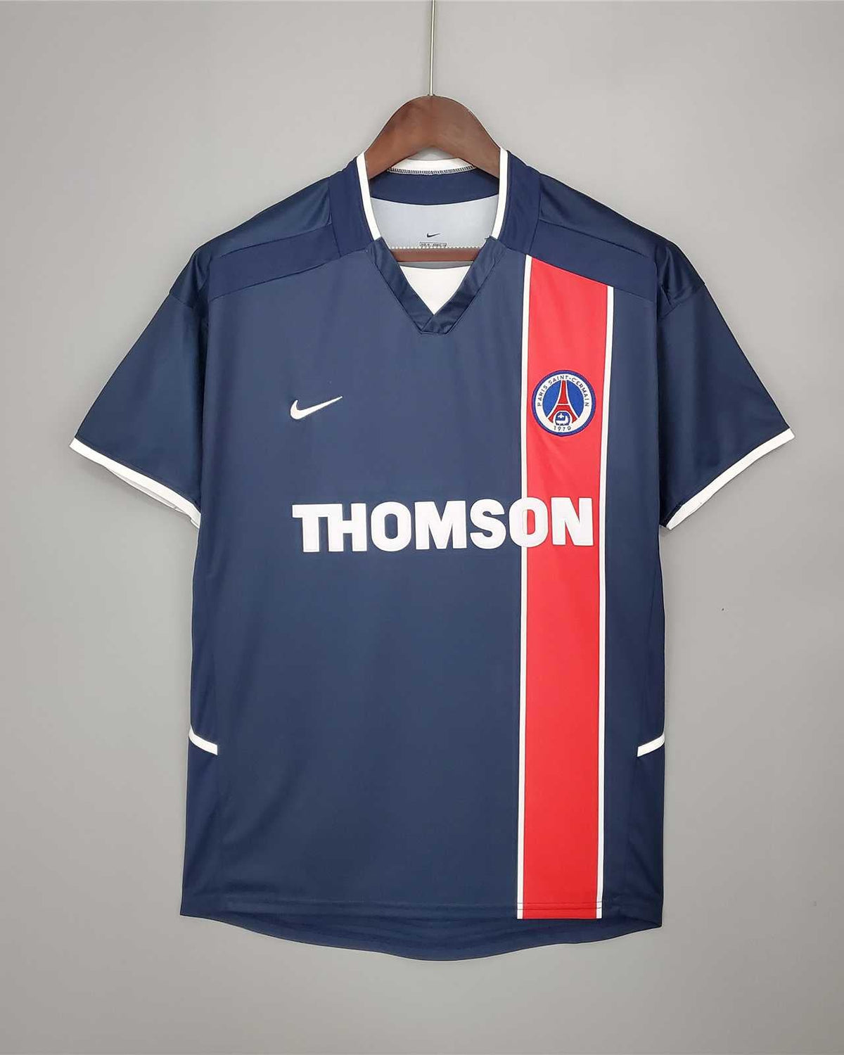 Maglia PSG 2002/03 fronte blu con banda rossa e sponsor Thomson