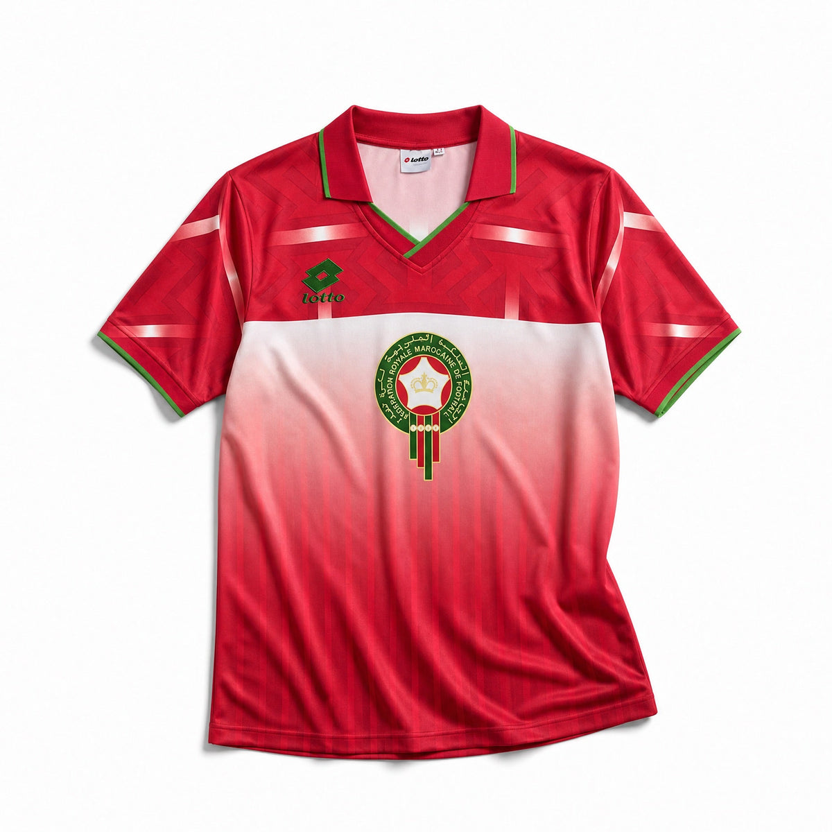 Maglia Home Marocco 1994 World Cup colore rosso con dettagli verdi vista frontale.
