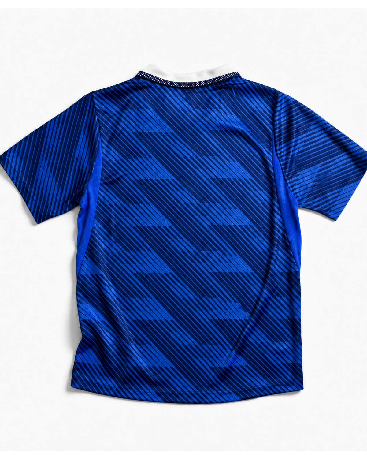 Retro della maglia blu della nazionale francese 2026 con motivo grafico a contrasto