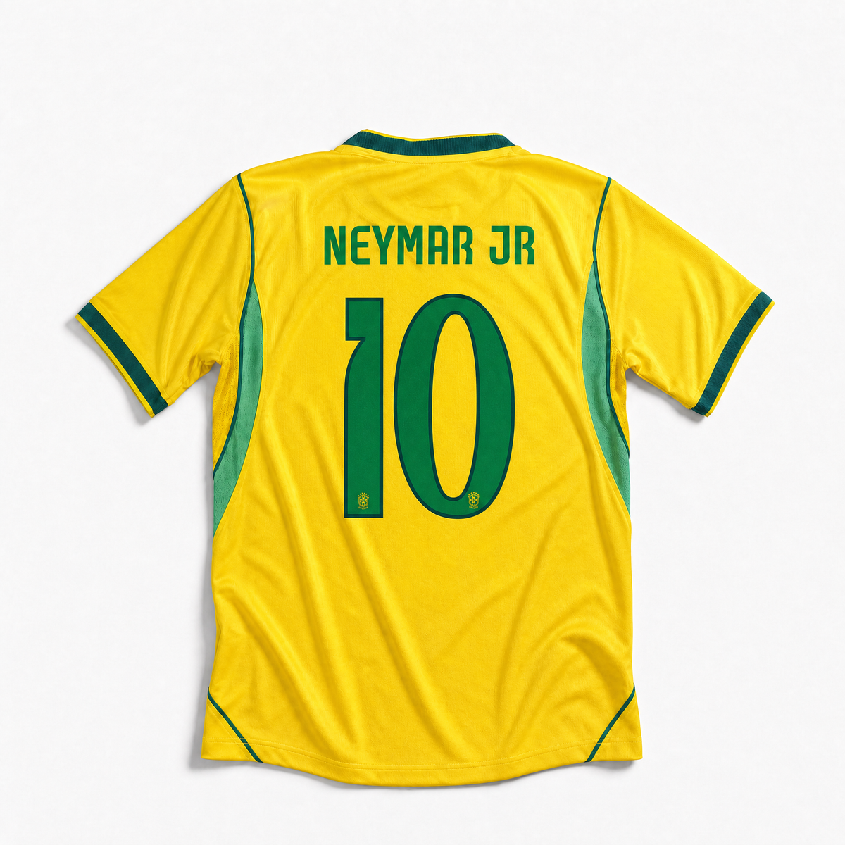 Retro della maglia gialla del Brasile 2026 con nome Neymar Jr e numero 10 verde.