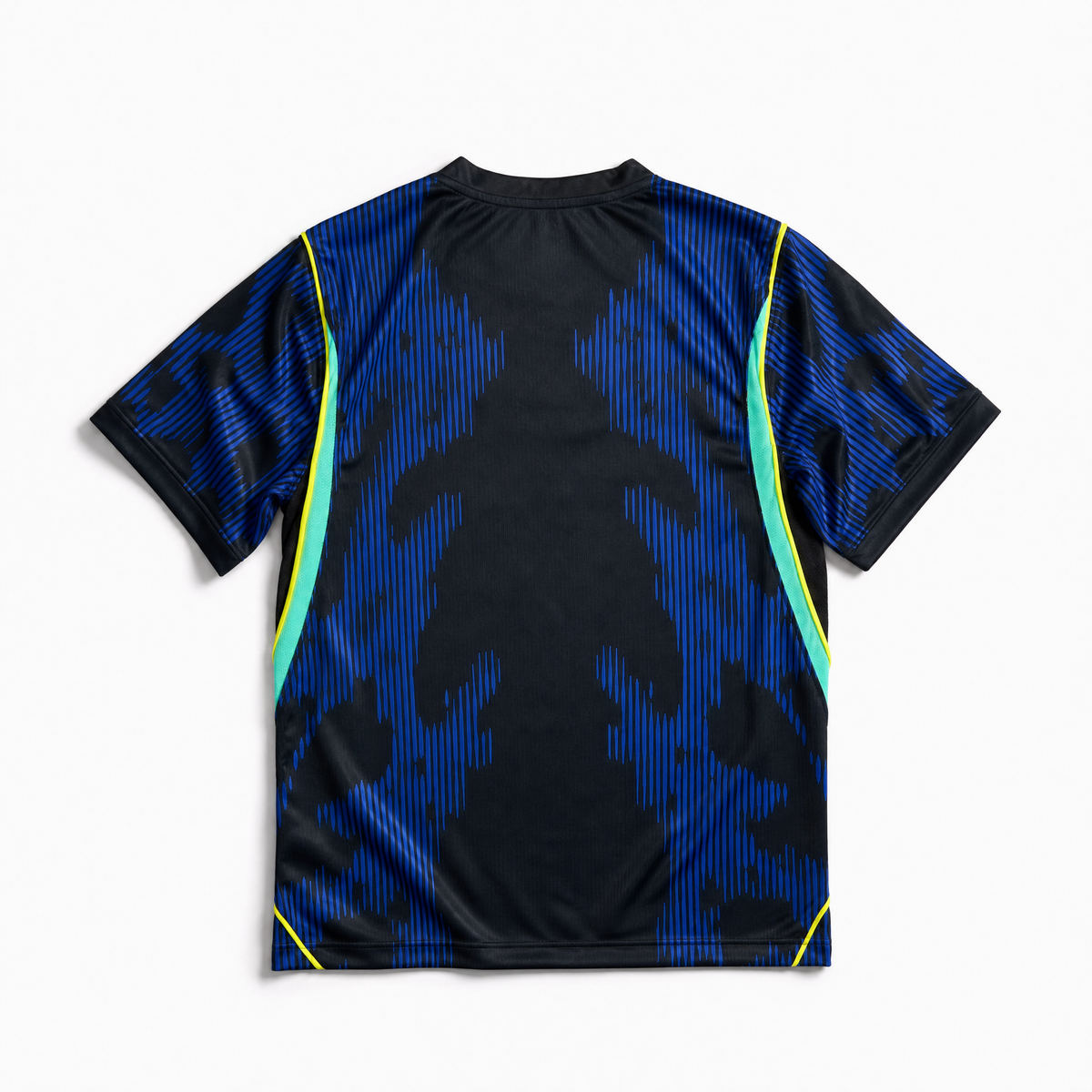Vista posteriore maglia blu da trasferta della nazionale brasiliana 2026 con motivo grafico dinamico
