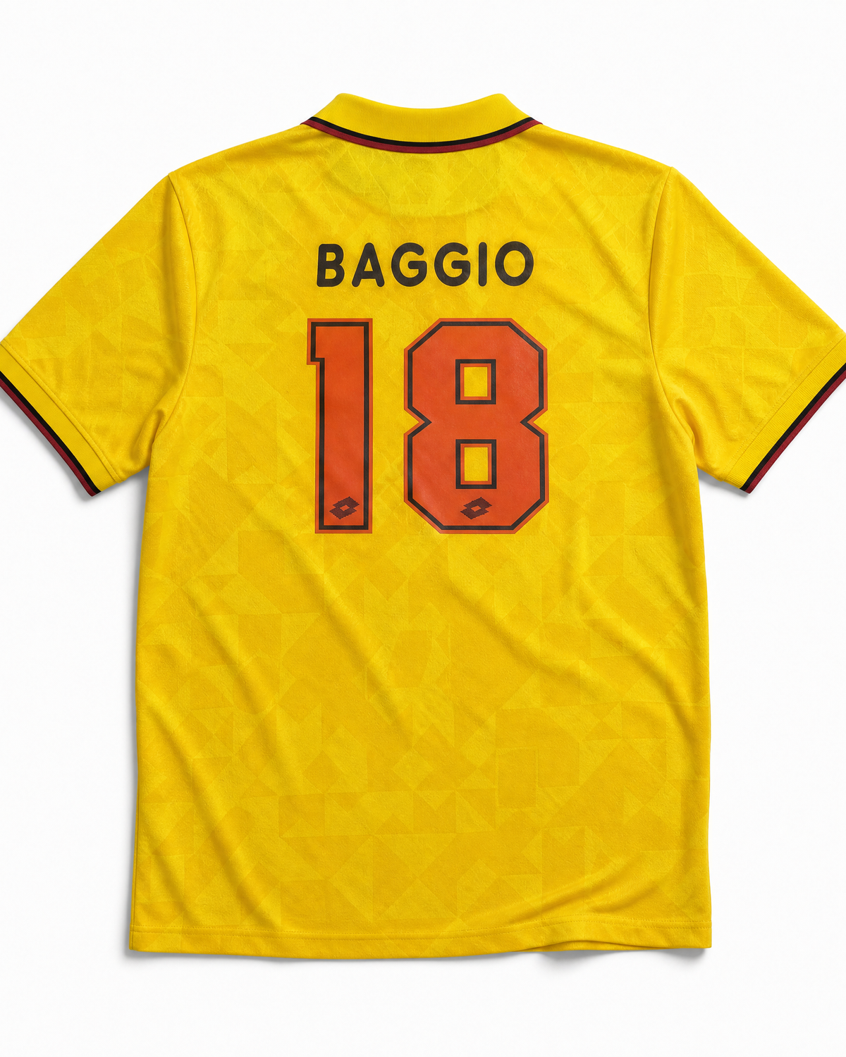 Retro maglia Milan Baggio 1995/96 numero 18 su sfondo giallo vintage.