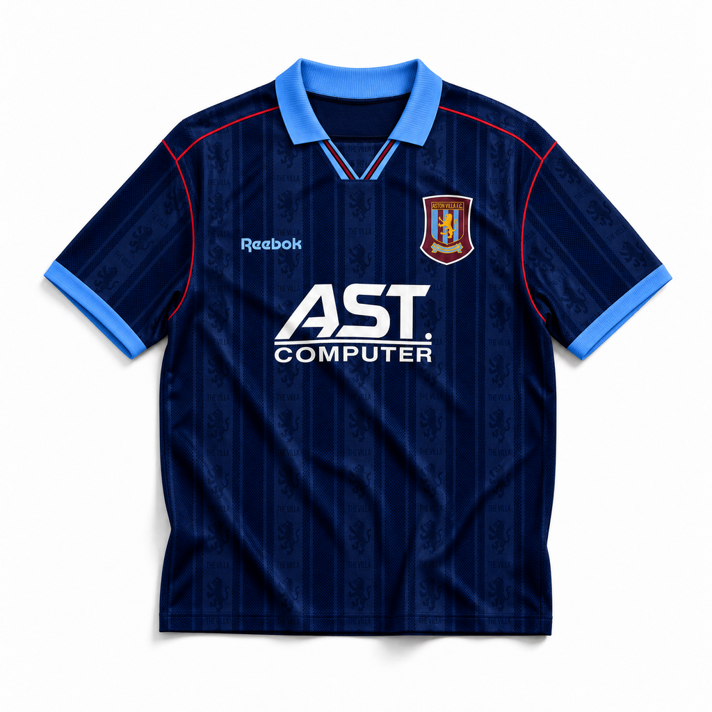 Aston Villa maglia away 1995/96 blu scuro con dettagli azzurri
