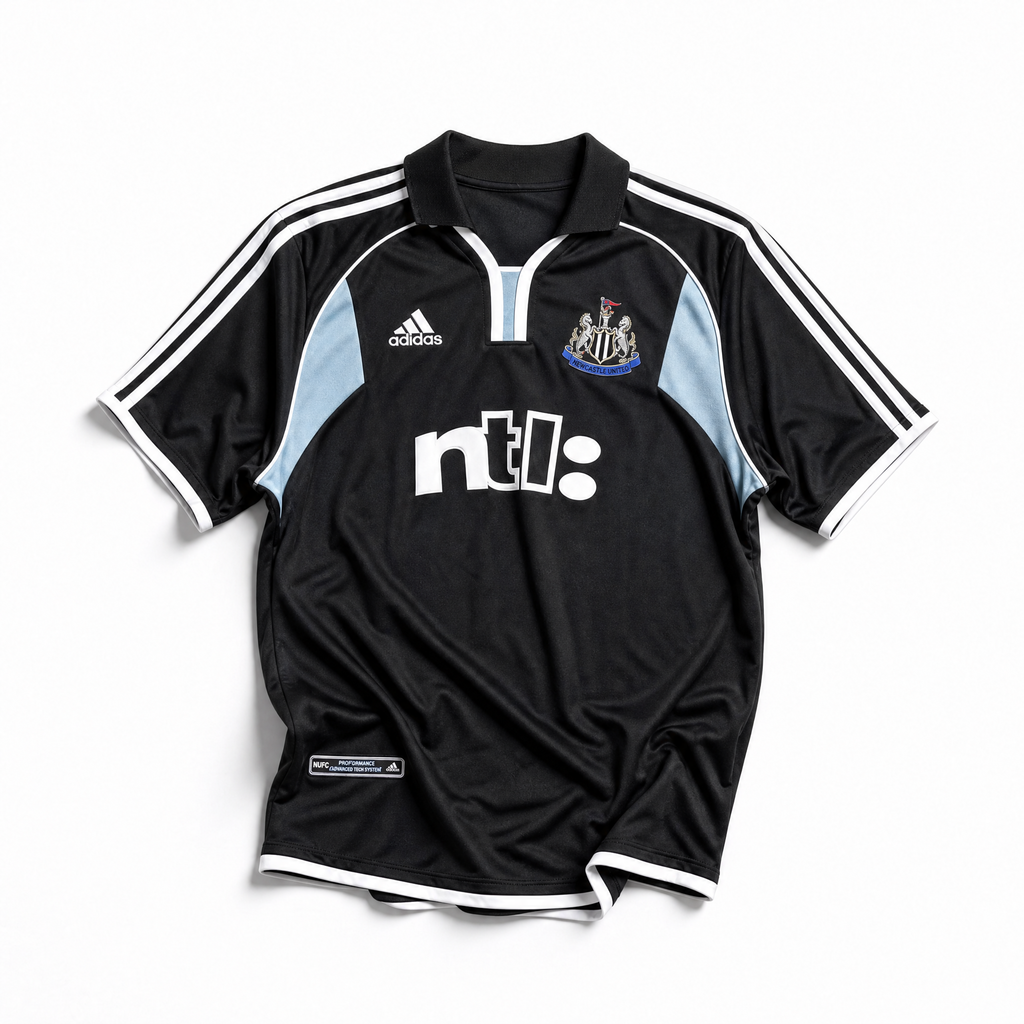 Maglia Newcastle Away 2000/01 blu navy Adidas con sponsor ntl e dettagli bianchi