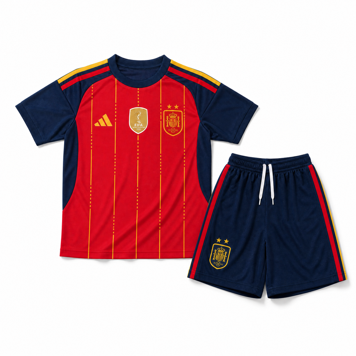 Completo Home Bambino Spagna Mondiali 2026 con maglia rossa e pantaloncini blu vista frontale.