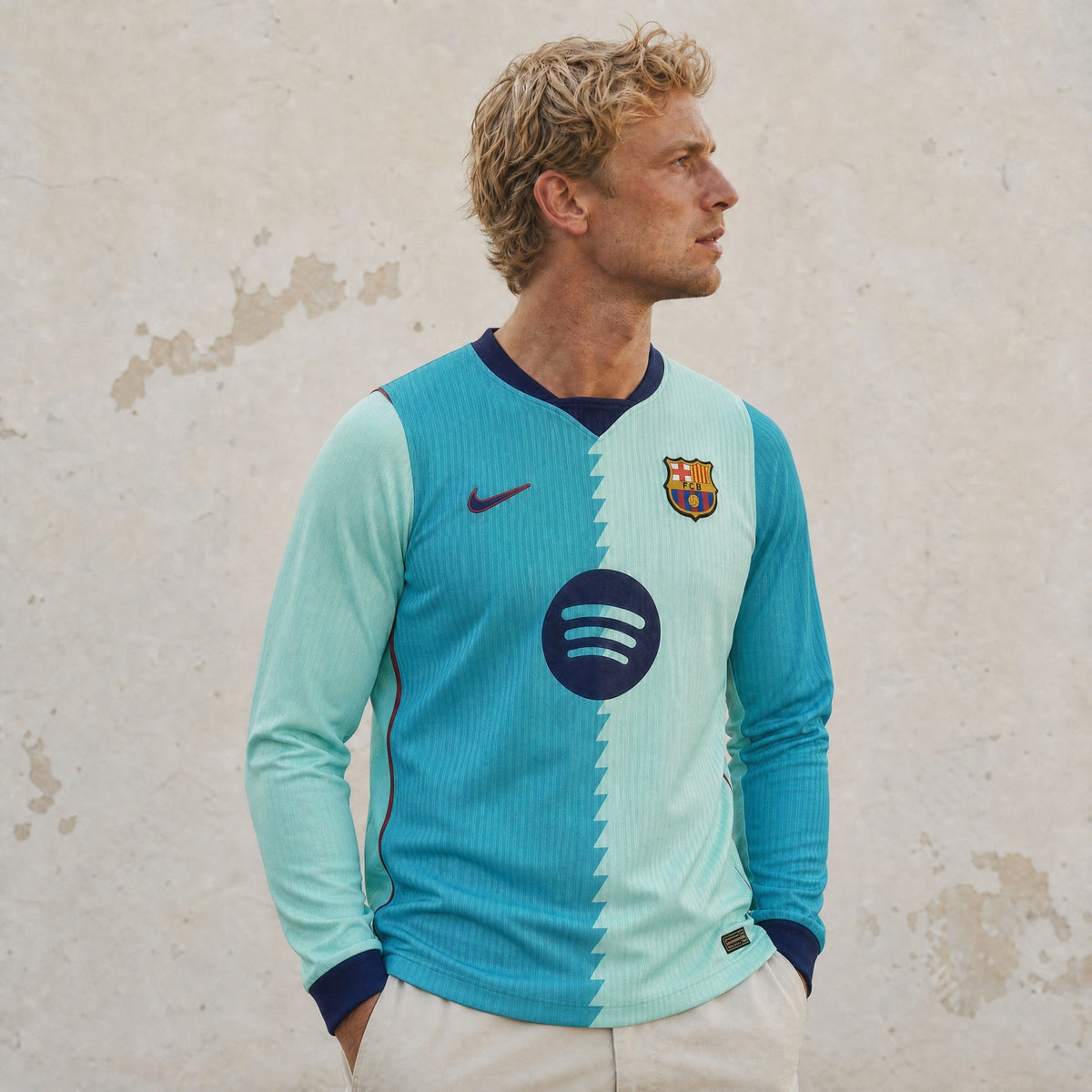 Maglia third manica lunga Barcellona 2026/27 vista frontale design bicolore azzurro