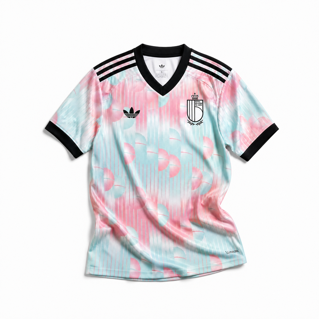 Maglia Belgio Away 2026 World Cup vista frontale design chiaro pattern astratto

