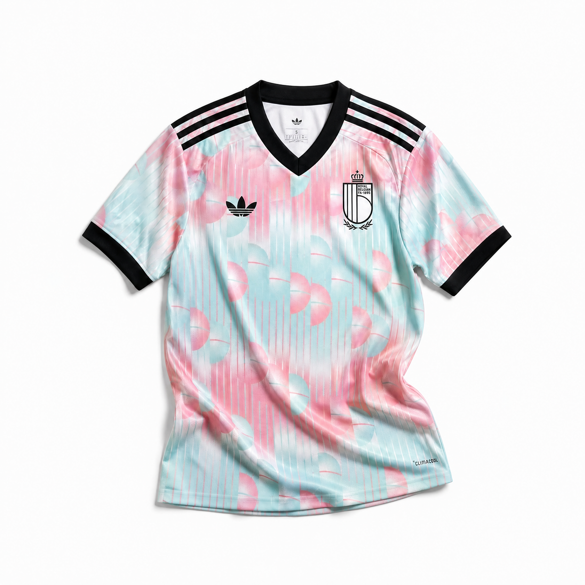 Maglia Belgio Away 2026 World Cup vista frontale design chiaro pattern astratto
