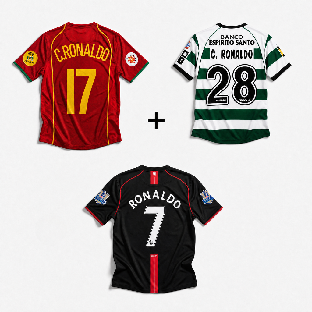 CR7 Portugal Home 2004 + CR7 Sporting L. Home 2003 + CR7 M. United Away 2008