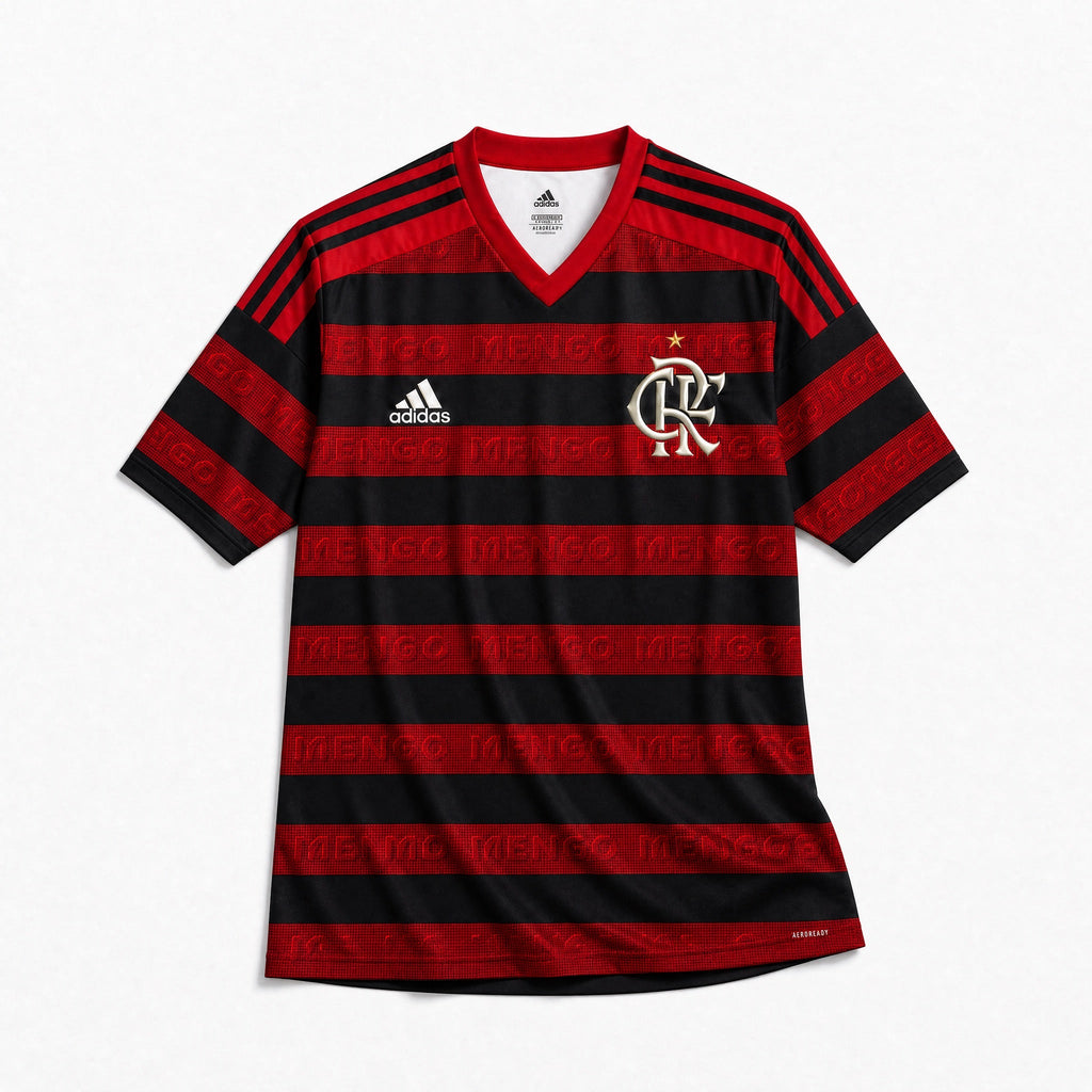 Dettaglio frontale Flamengo jersey 2018/19 con bande orizzontali sottili
