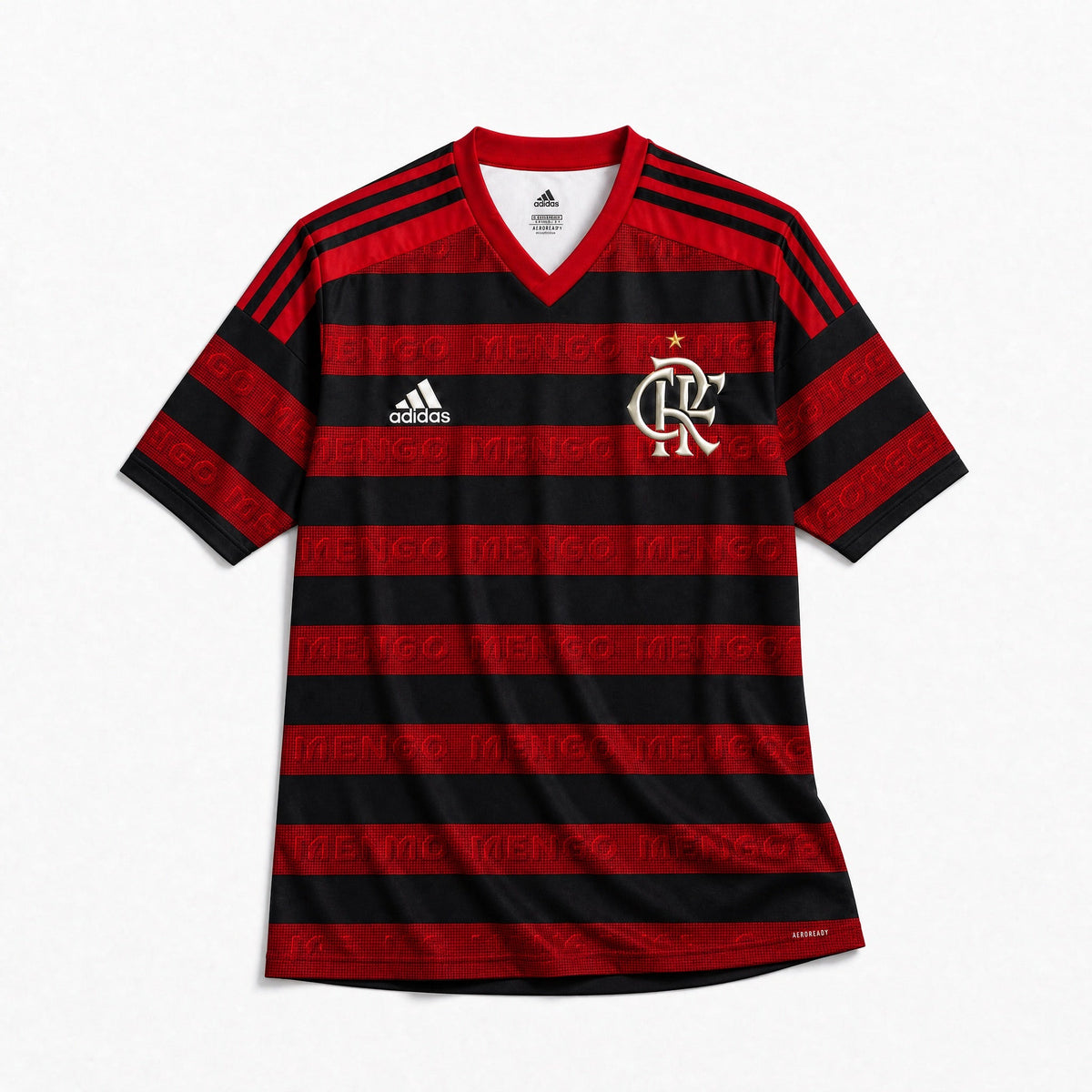 Dettaglio frontale Flamengo jersey 2018/19 con bande orizzontali sottili
