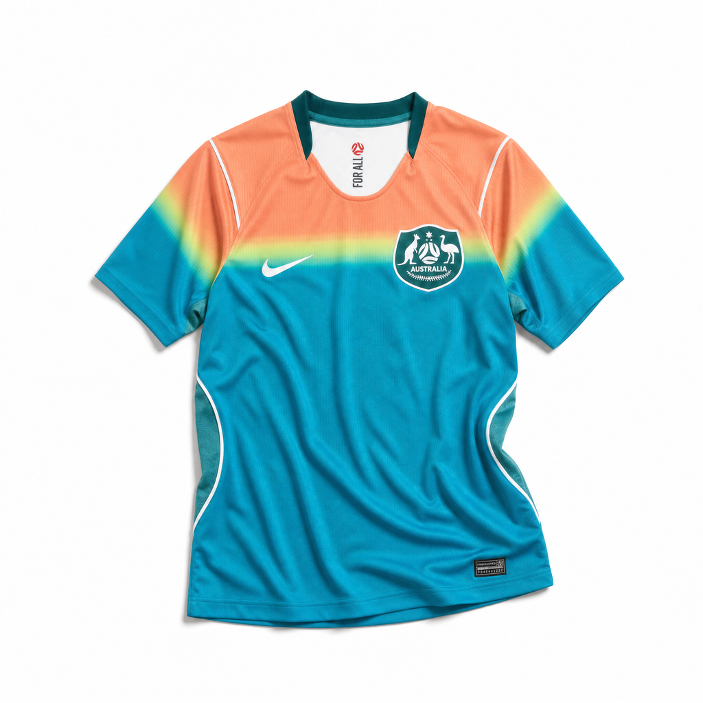 Fronte della maglia away dell'Australia 2026 turchese con spalle sfumate oro e arancione e stemma sul petto
