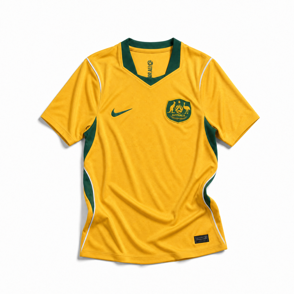 Fronte della maglia home dell'Australia 2026 oro con inserti verdi e stemma ufficiale ricamato sul petto
