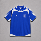 Maglia Grecia Away 2004 World Cup blu dettagli bianchi vista frontale