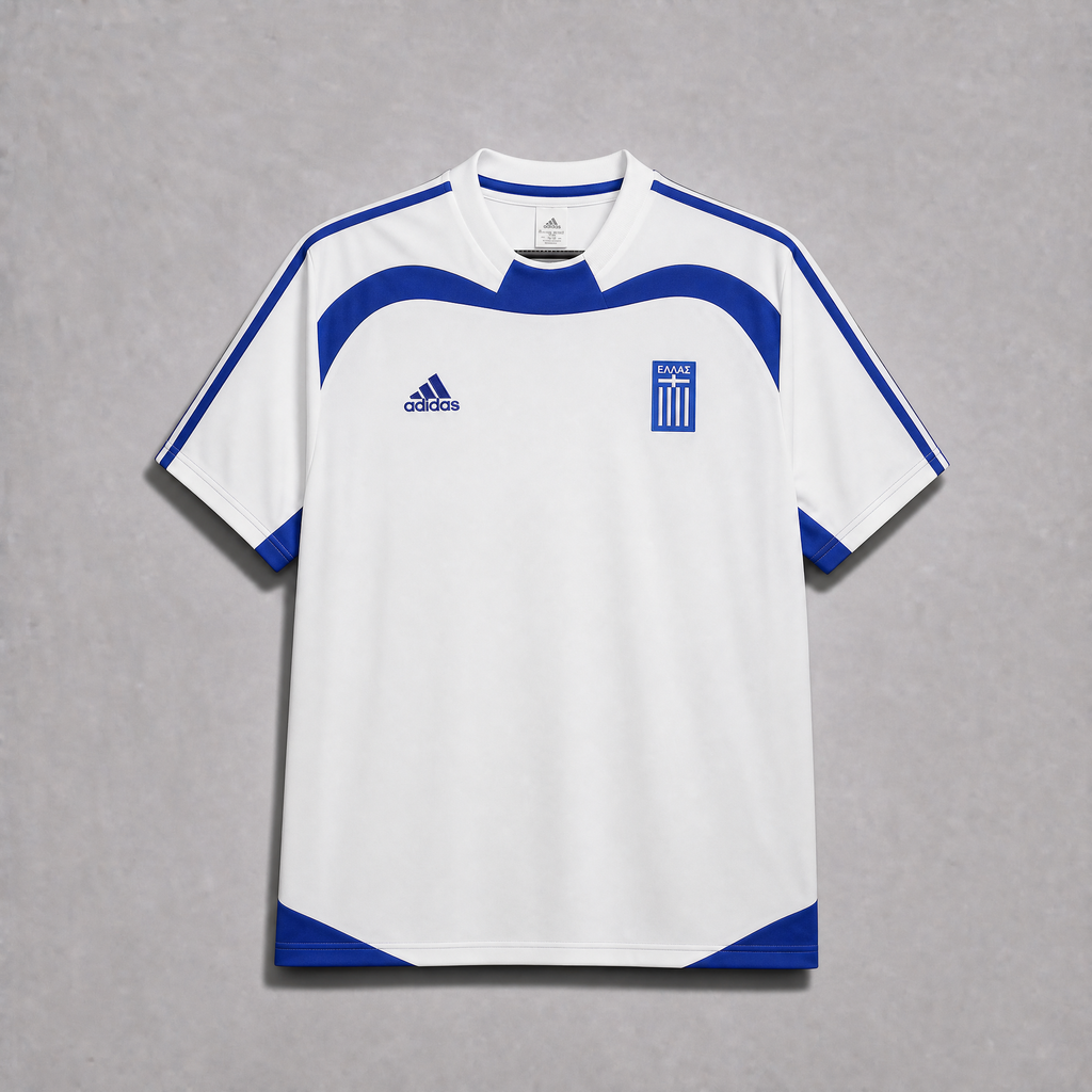 Maglia Grecia Home 2004 World Cup bianca blu vista frontale dettagli classici