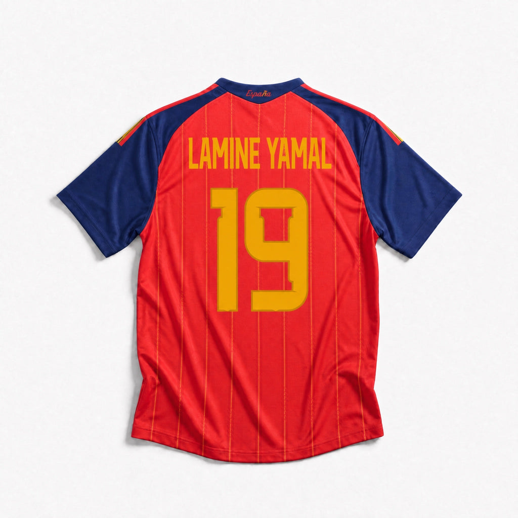 Dettaglio maglia Spagna 2026 Yamal numero 19 retro jersey calcio