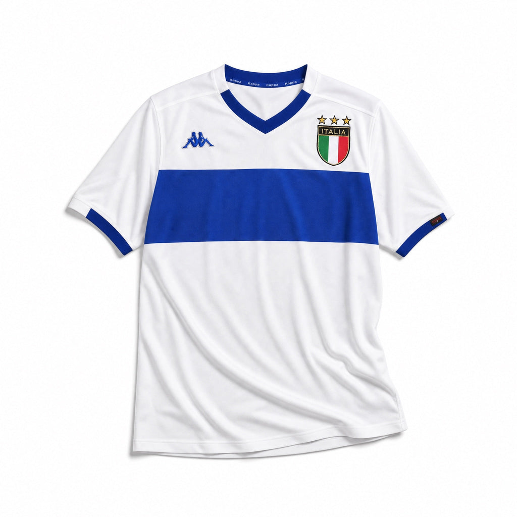 Fronte maglia away Italia 1999/00 con stemma FIGC e dettagli blu sul colletto.