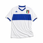 Fronte maglia away Italia 1999/00 con stemma FIGC e dettagli blu sul colletto.