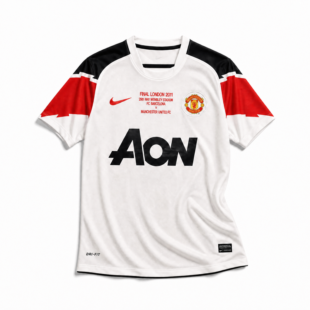 Maglia Manchester United Away 2010/11 vista frontale bianca con dettagli rossi e neri