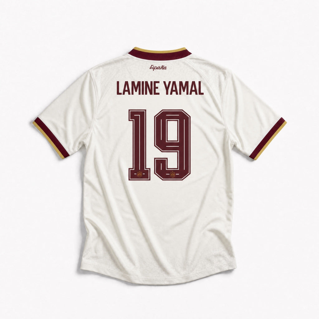 Retro della maglia Lamine Yamal Spagna Away 2026 con nome Lamine Yamal e numero 19.