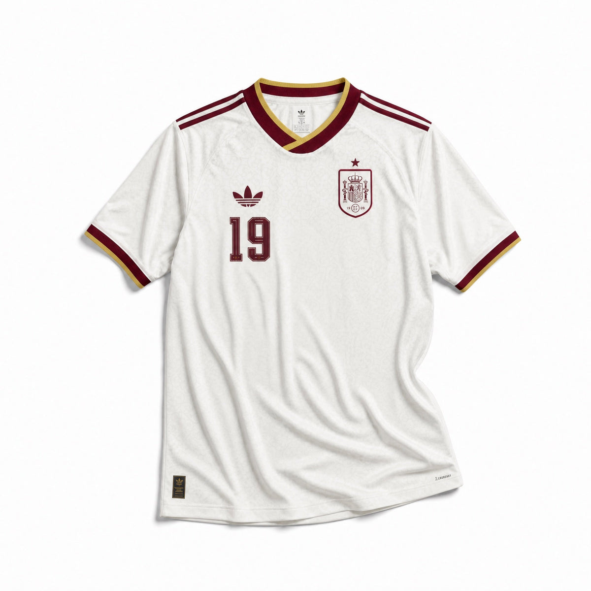 Maglia Lamine Yamal Spagna Away 2026 World Cup Winner vista frontale con design bianco e dettagli rossi, gialli e blu.