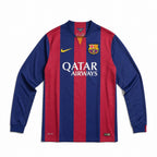 Maglia Barcellona 2014/15 maniche lunghe fronte con strisce rosso blu e sponsor Qatar Airways