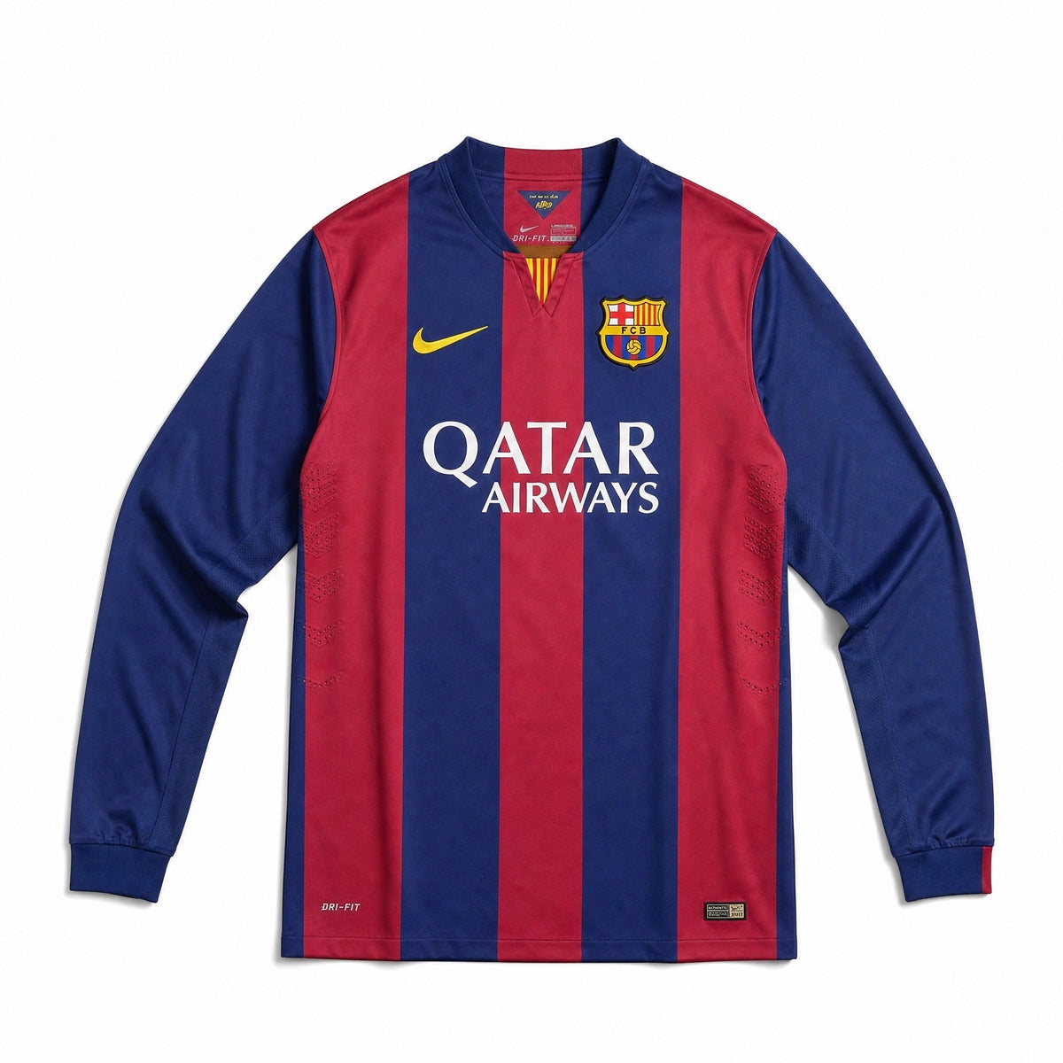 Maglia Barcellona 2014/15 maniche lunghe fronte con strisce rosso blu e sponsor Qatar Airways
