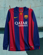 Maglia Barcellona 2014/15 maniche lunghe fronte con strisce rosso blu e sponsor Qatar Airways