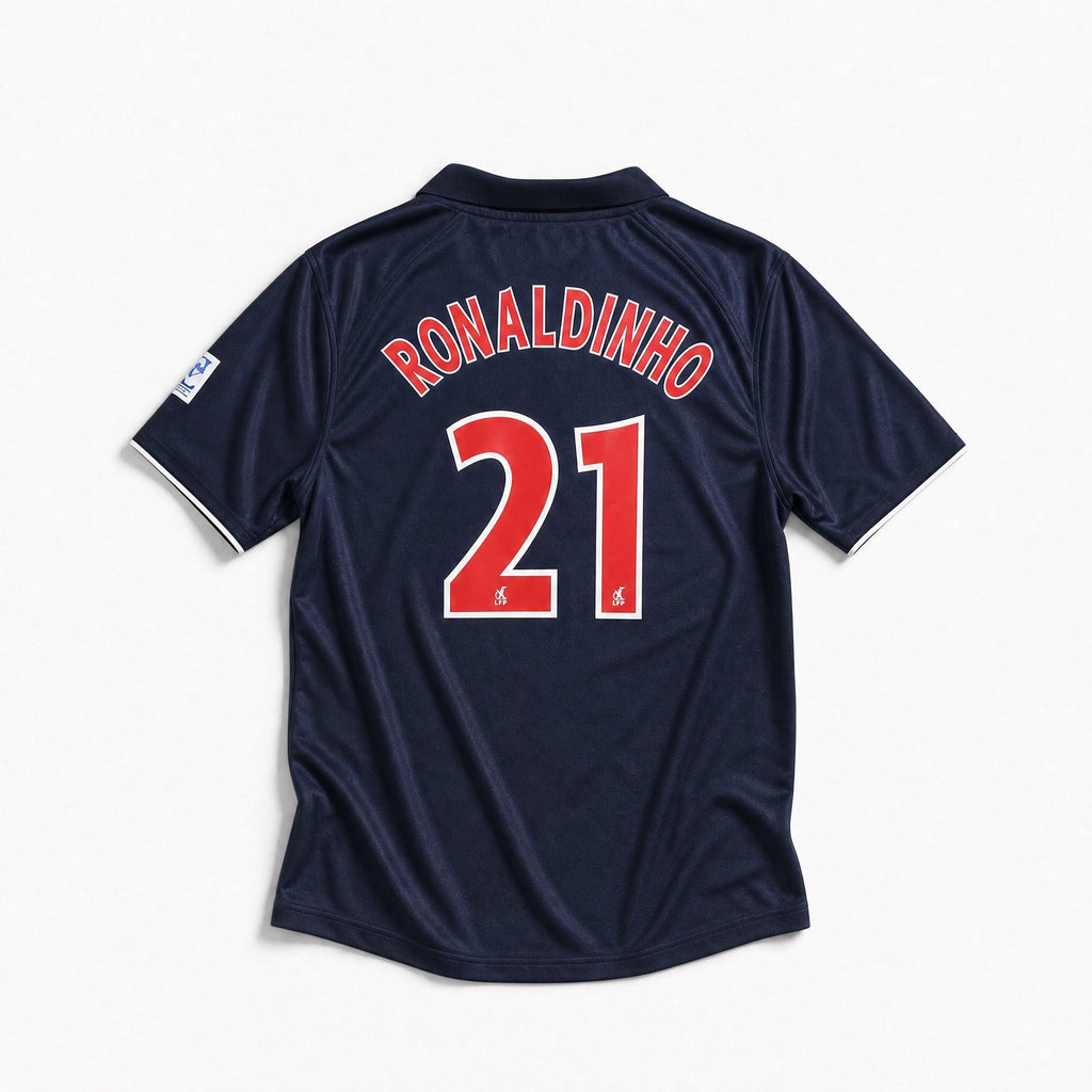 Maglia PSG 2001/02 Ronaldinho numero 21 retro blu con nome stampato
