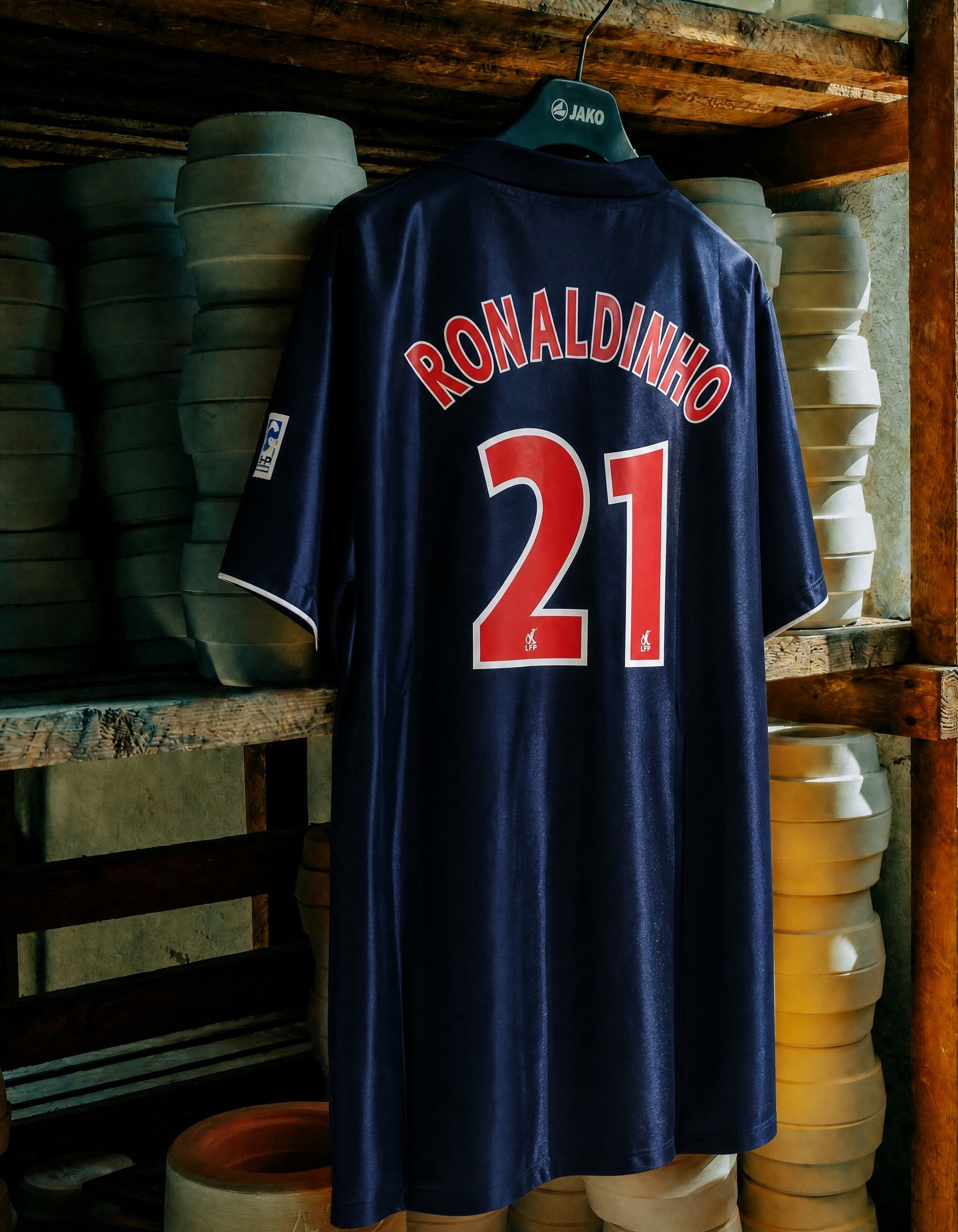 Dettaglio maglia PSG 2001/02 stemma club e banda centrale rossa
