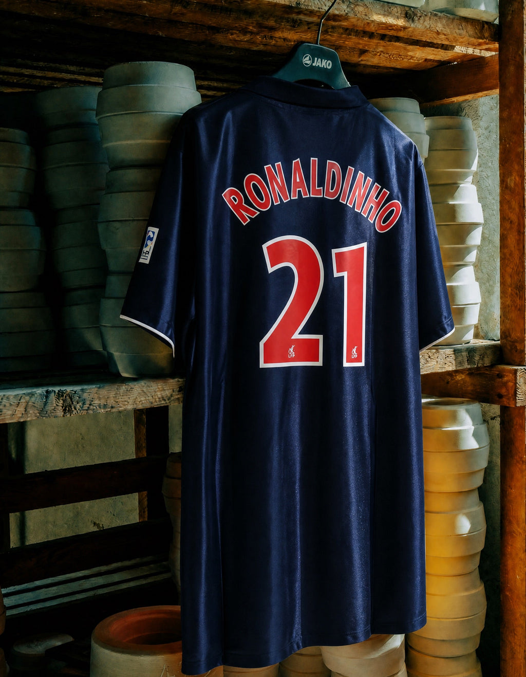 Dettaglio maglia PSG 2001/02 stemma club e banda centrale rossa
