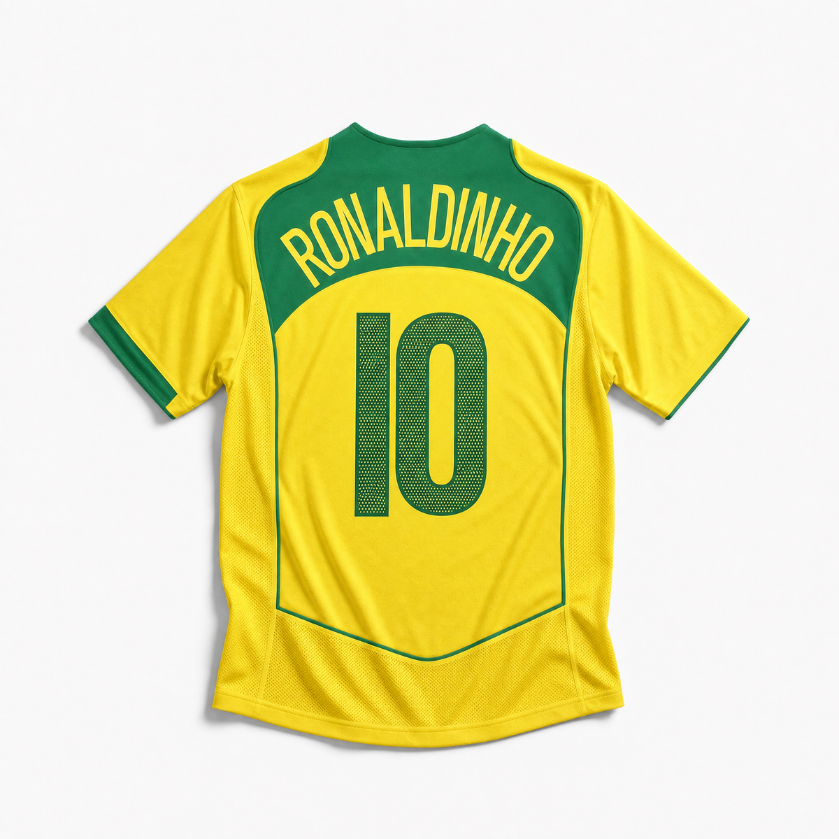 Maglia Brasile Home 2004 Ronaldinho numero 10 retro giallo con dettagli verdi

