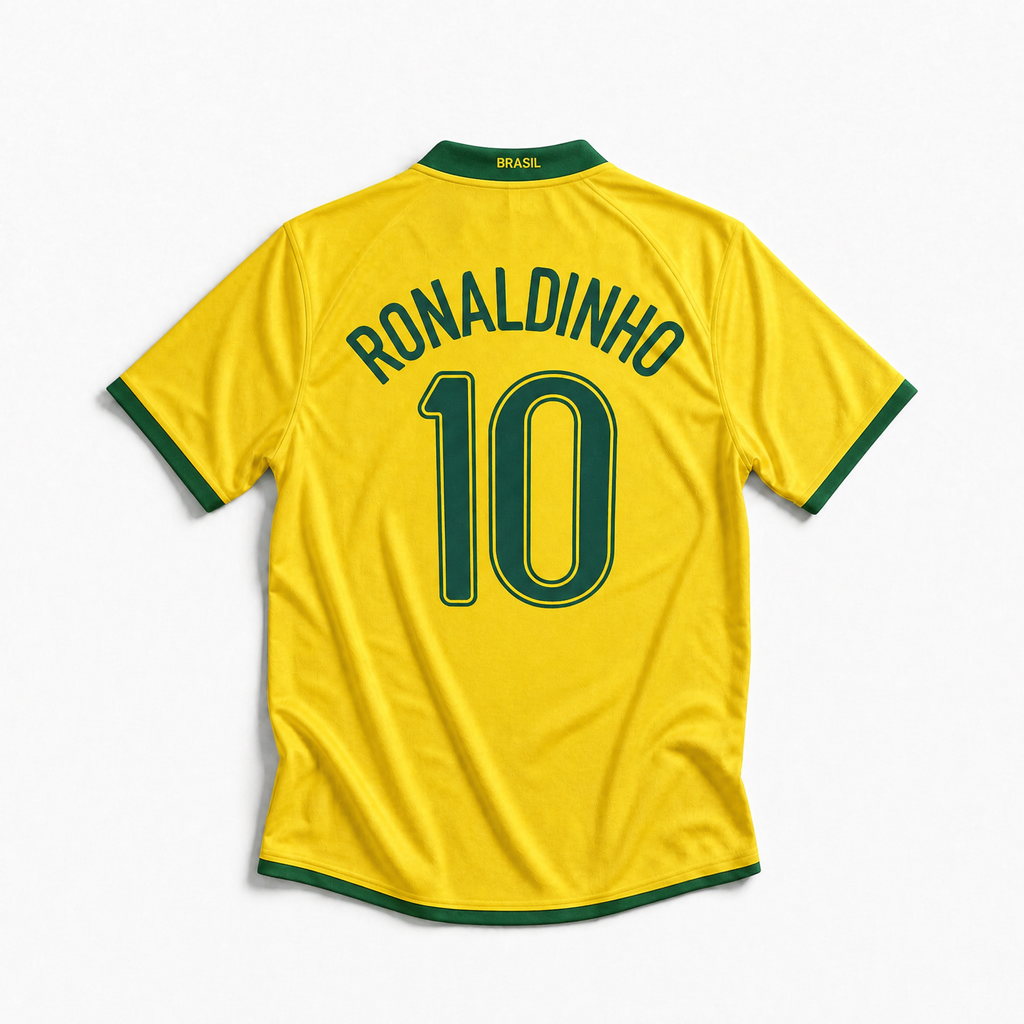 Maglia Brasile Home 2006 Ronaldinho numero 10 retro giallo con dettagli verdi
