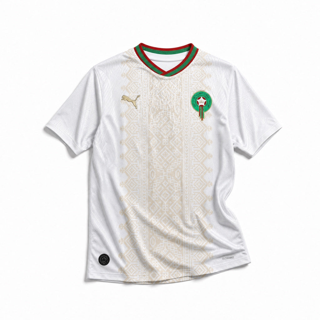Maglia Away Marocco 2026 World Cup colore bianco con dettagli decorativi vista frontale.