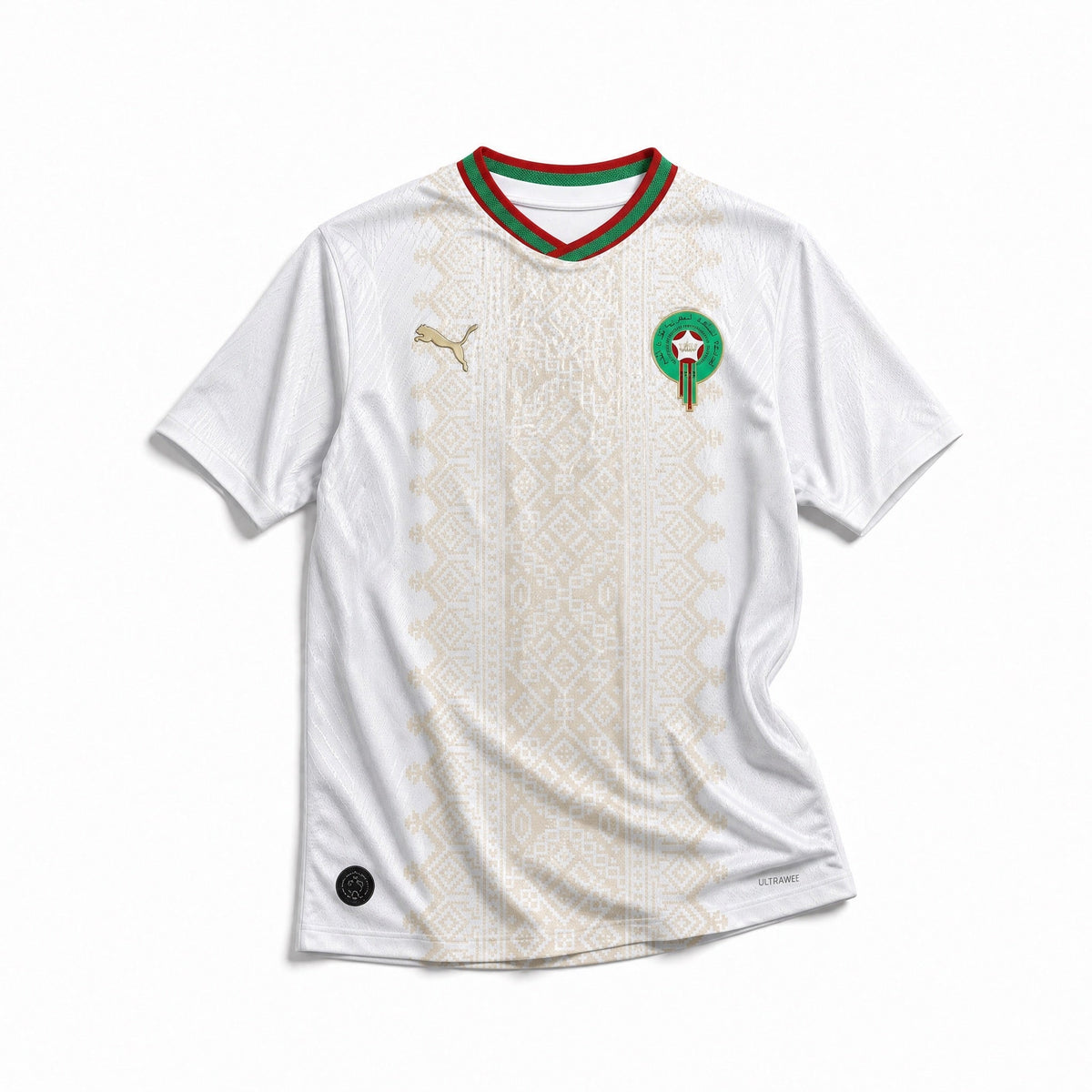 Maglia Away Marocco 2026 World Cup colore bianco con dettagli decorativi vista frontale.