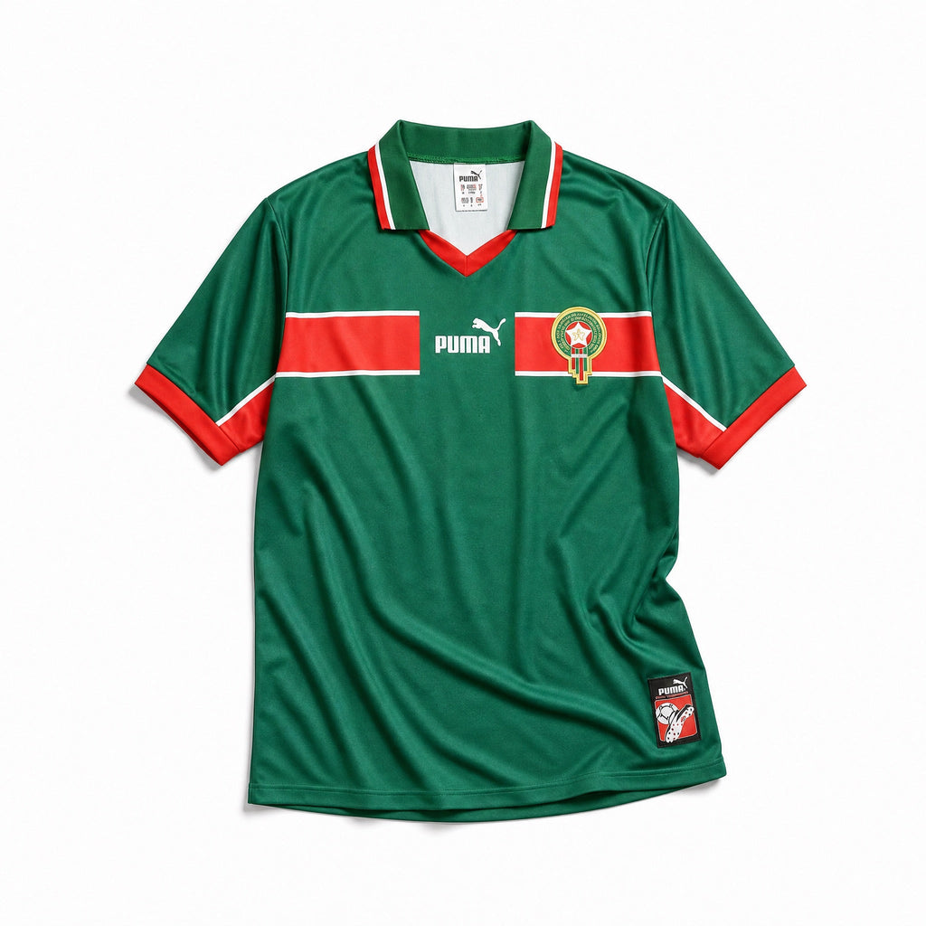 Marocco Maglia Home 1998 World Cup colore verde con dettagli rossi e bianchi vista frontale.