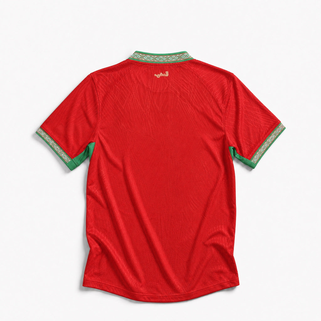Maglia Home Marocco 2026 World Cup colore rosso con dettagli verdi vista posteriore.