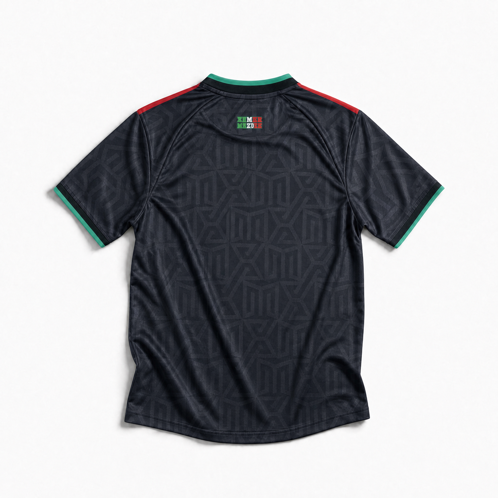 Retro maglia third El Tri FIFA World Cup 2026 — tessuto nero con trama decorativa ispirata alla cultura azteca, maniche corte con profili tricolori sulle spalle