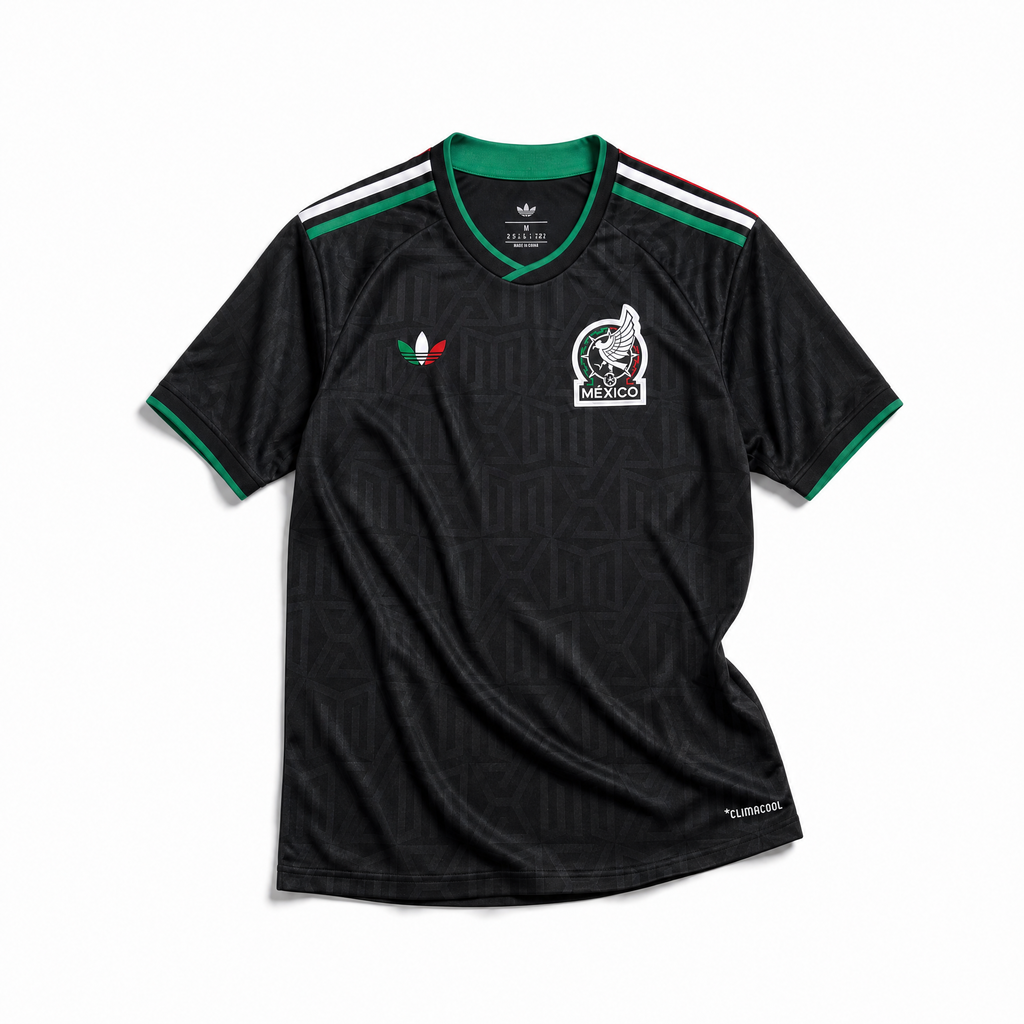 Maglia third Messico Coppa del Mondo 2026 — vista frontale su superficie in legno, colore nero con pattern geometrico azteco tono su tono, colletto rotondo con bordino tricolore verde-bianco-rosso e stemma nazionale sul petto sinistro
