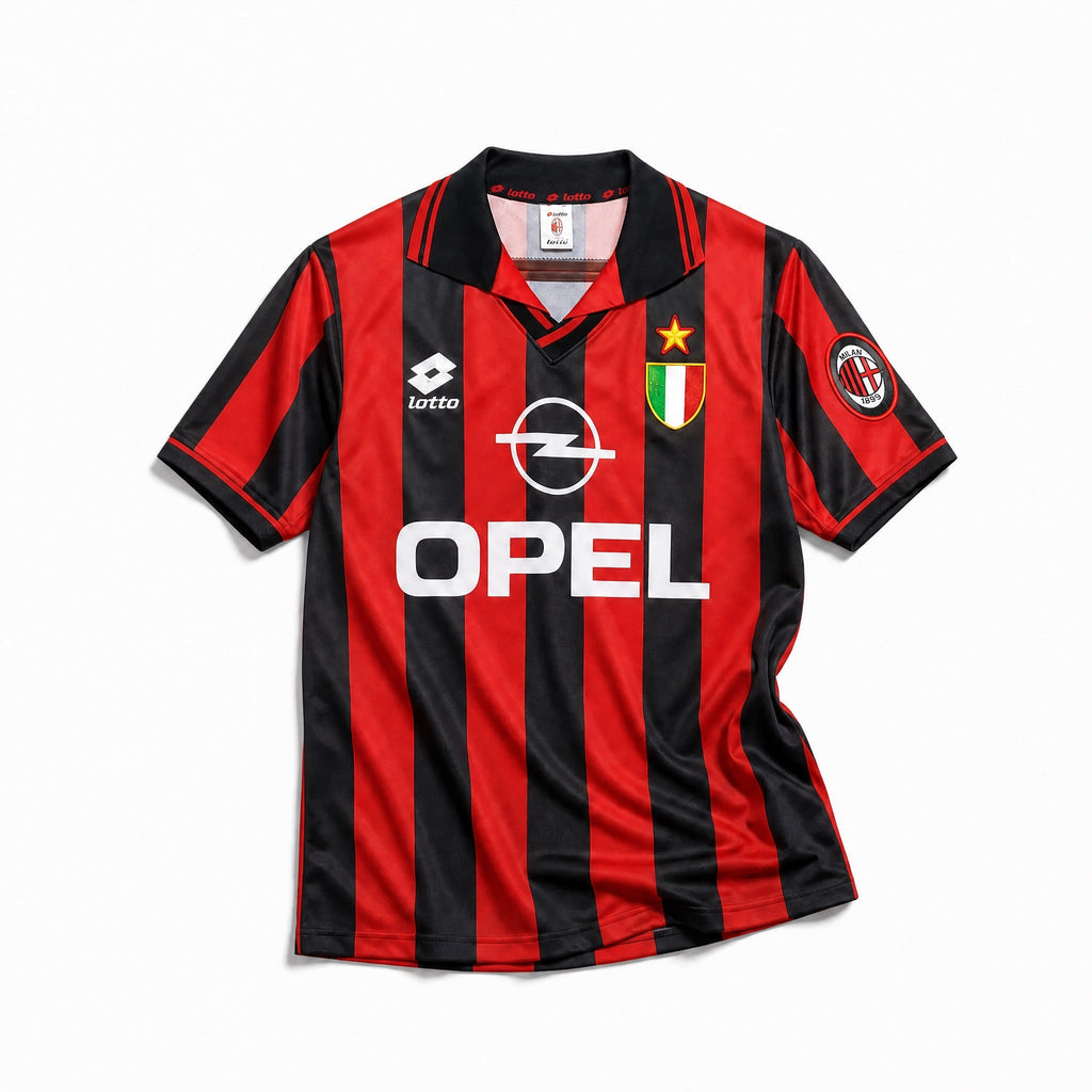Fronte maglia Milan 1995/96 con strisce rosse e nere, colletto a polo e Scudetto.
