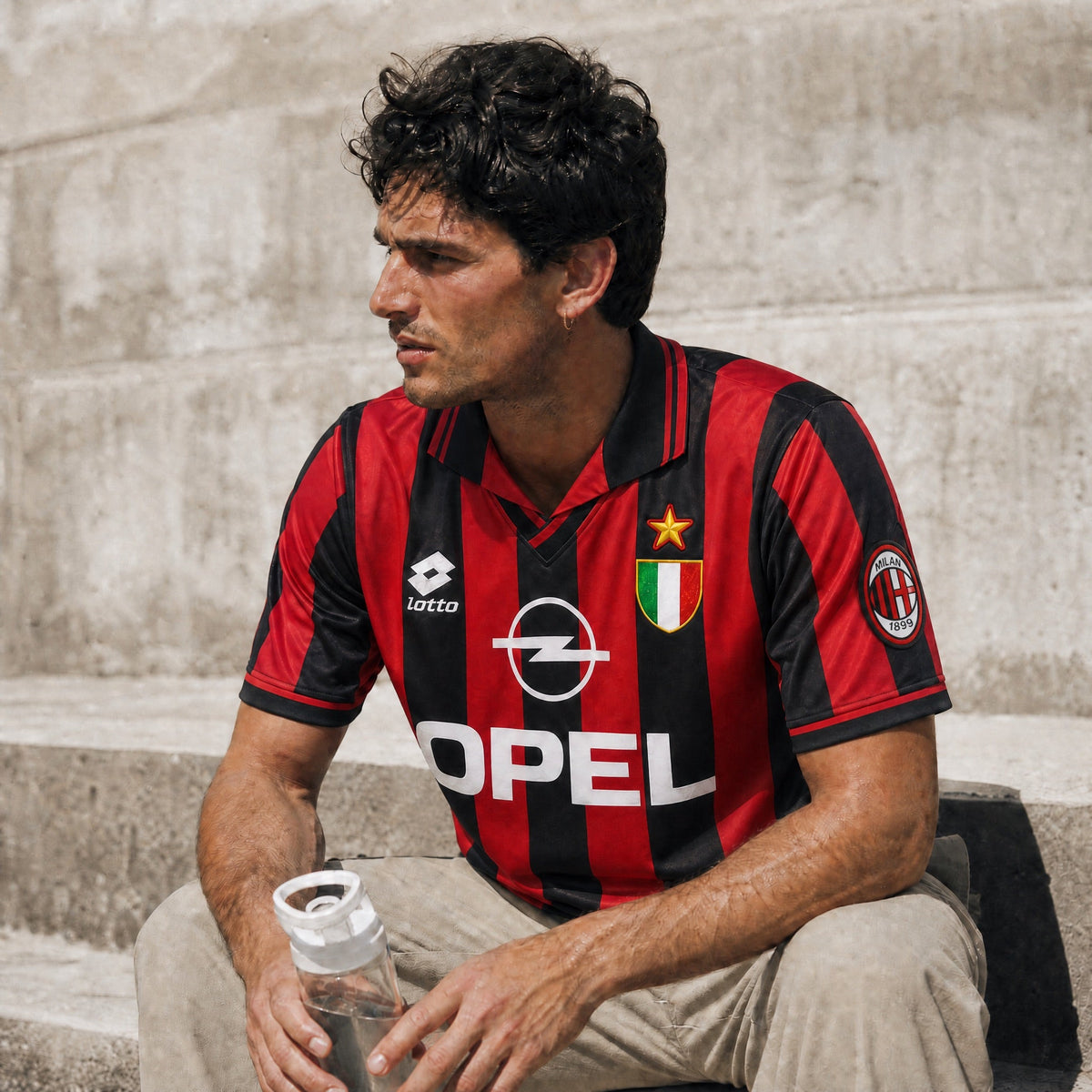 Fronte maglia Milan 1995/96 con strisce rosse e nere, colletto a polo e Scudetto.