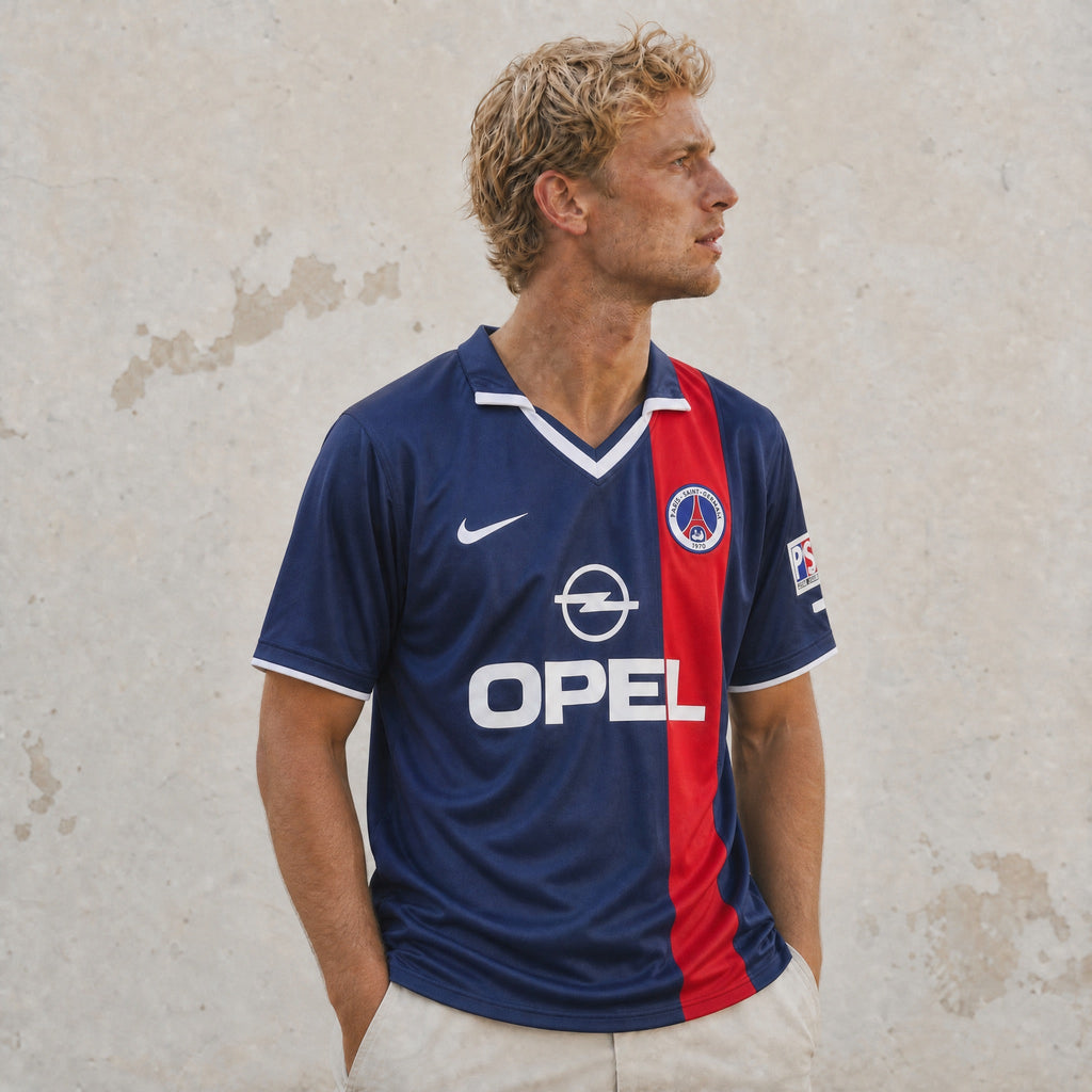 Maglia PSG home 2001/02 fronte blu con banda rossa sponsor Opel