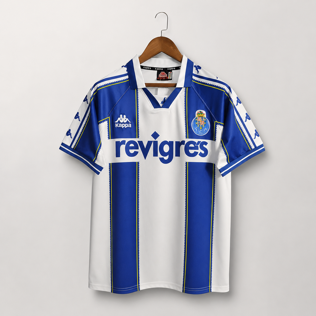Porto maglia home 1997/99 vintage a strisce blu e bianche vista frontale