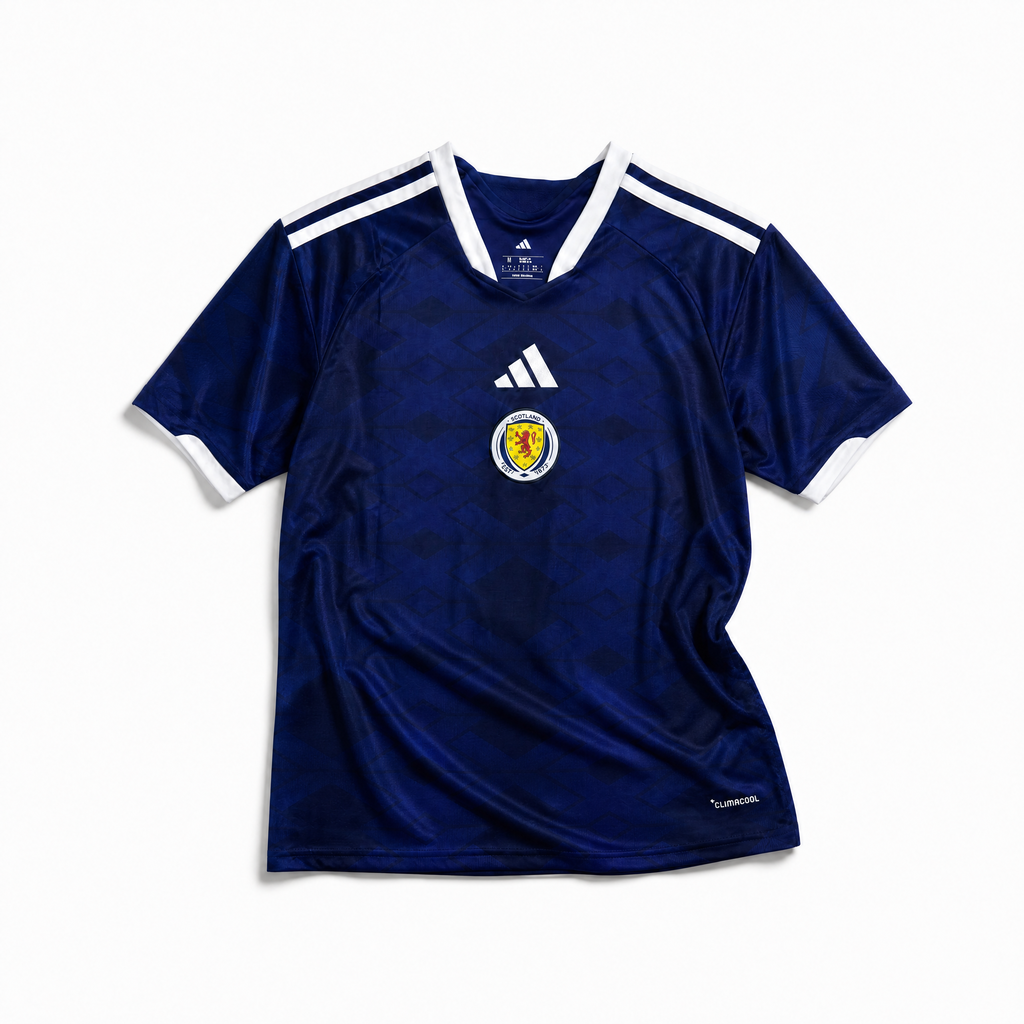 Maglia home Scozia Coppa del Mondo 2026 — vista frontale su superficie grigia, tessuto blu navy con colletto a V con bordino bianco, stemma della federazione scozzese sul petto sinistro, maniche con profili bianchi
