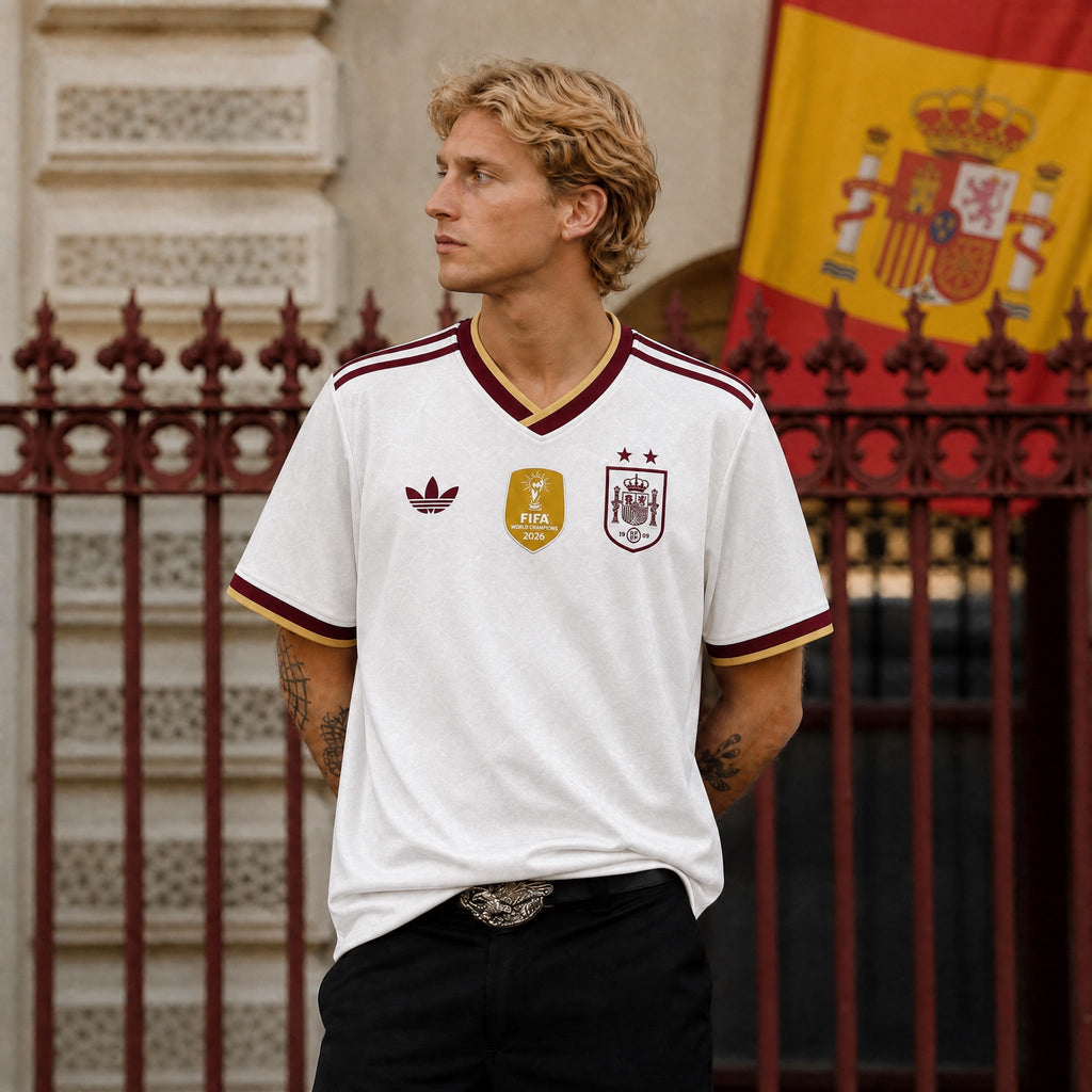 Giocatore che indossa la Maglia Away Spagna Campioni del Mondo 2026.