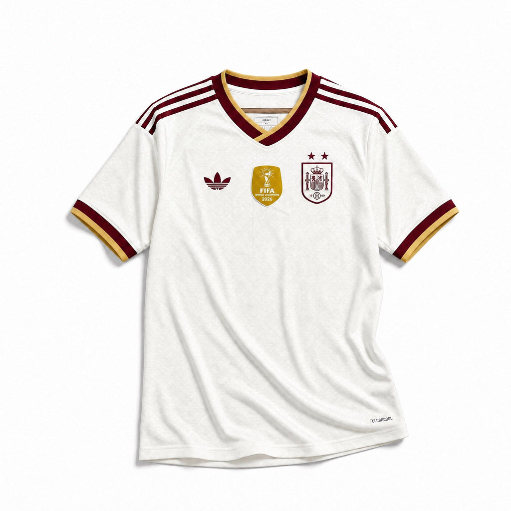 Maglia Away Spagna Campioni del Mondo 2026 vista frontale bianca con dettagli rossi e gialli.
